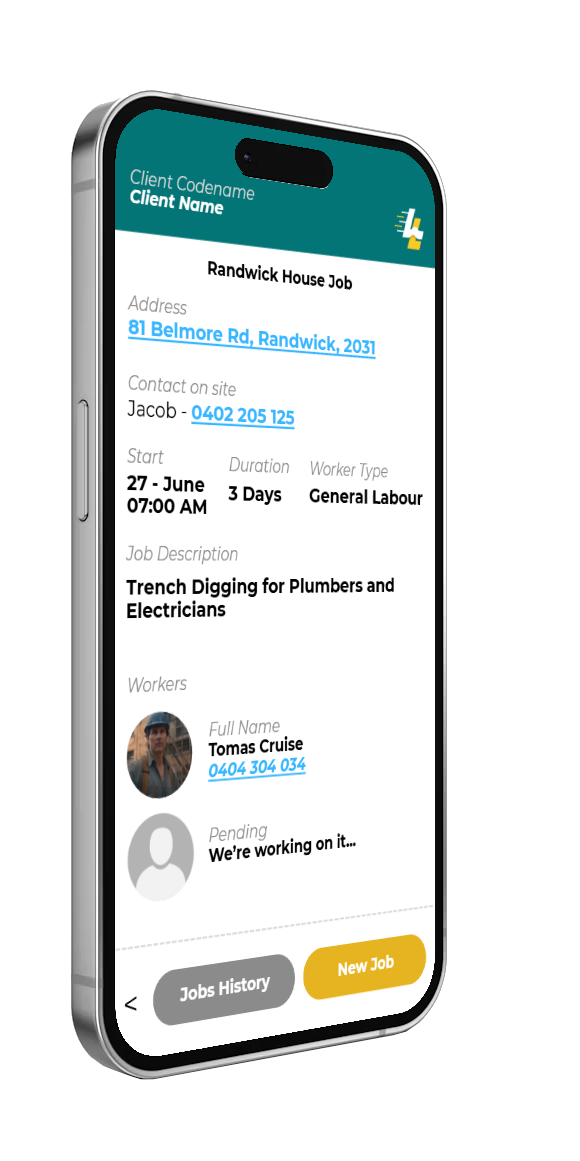 LEAP Labour App — Client job view showing worker details, GPS tracking, and job management