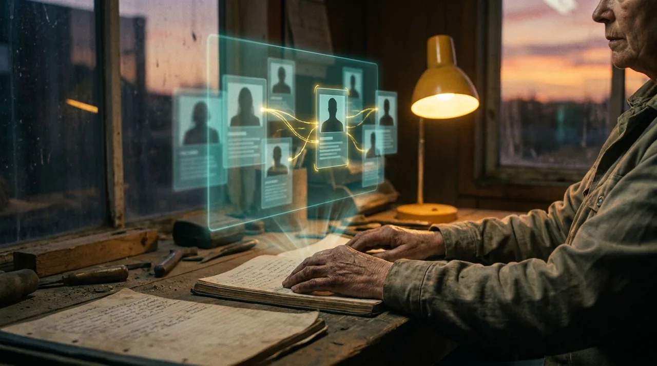 A close mid shot of a weathered female allocator's hands resting on a worn site desk at dusk, a translucent teal holographic shortlist of glowing worker