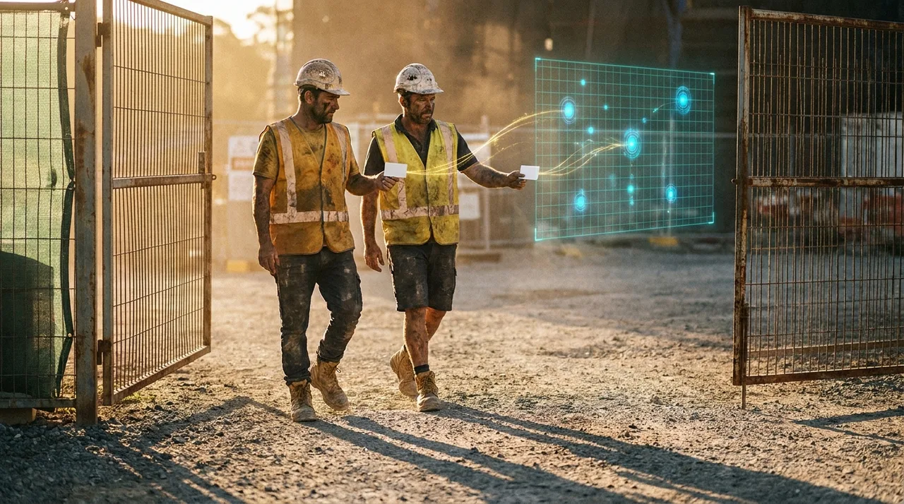 Two weathered Sydney tradies in dusty golden-yellow hi-vis and scuffed hard hats walking through a site gate at early golden-hour dawn boots laced and