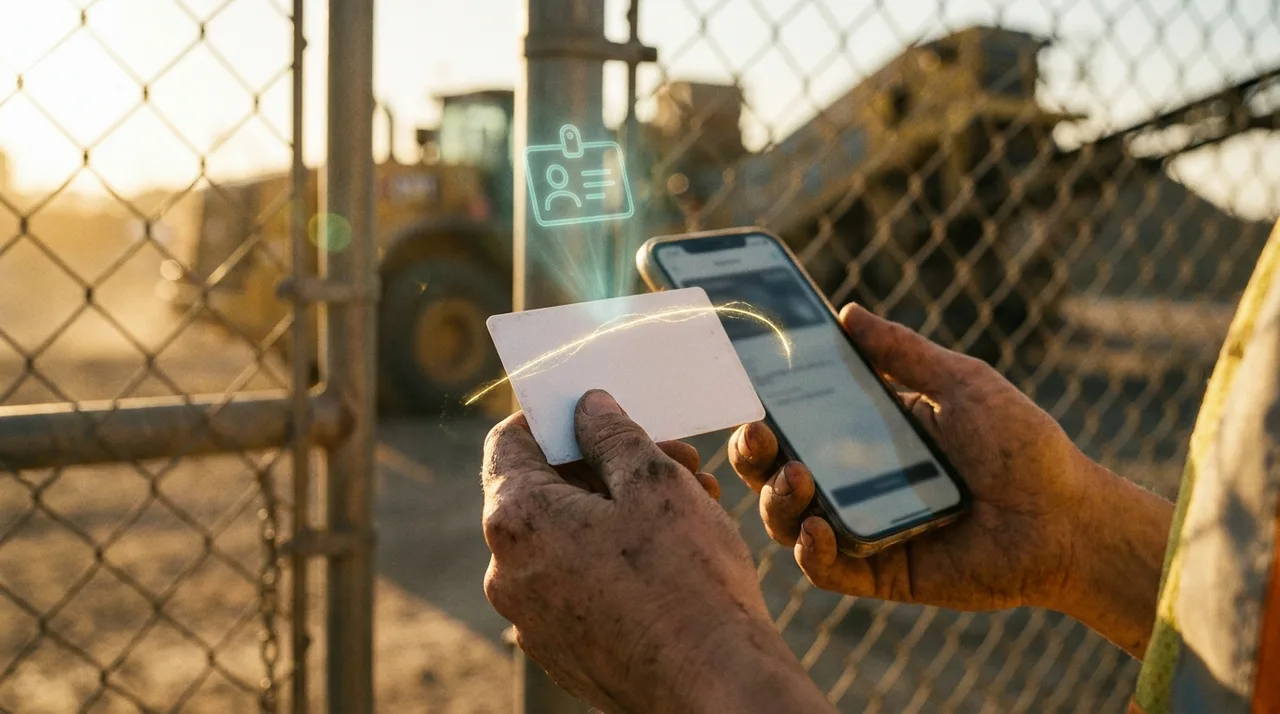 A close mid shot of a weathered female labourer's calloused hands holding a white card and a phone at a Sydney site gate in warm light, dust on her