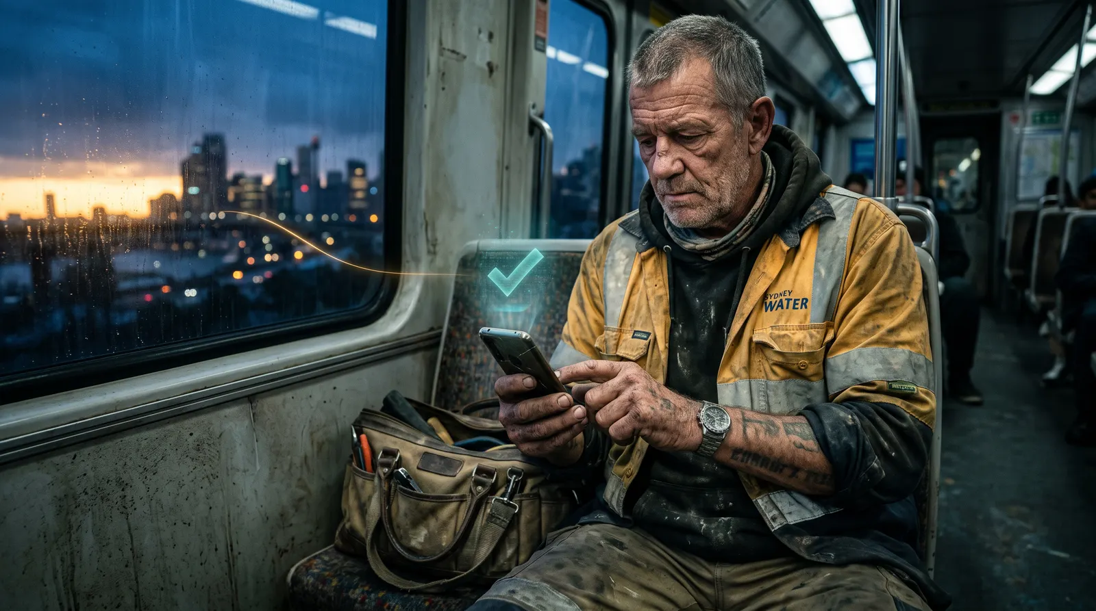 A Sydney labourer on a pre-dawn train replying to a pre-start message on his phone, kit bag between his boots, the check that stops a no-show before it happens