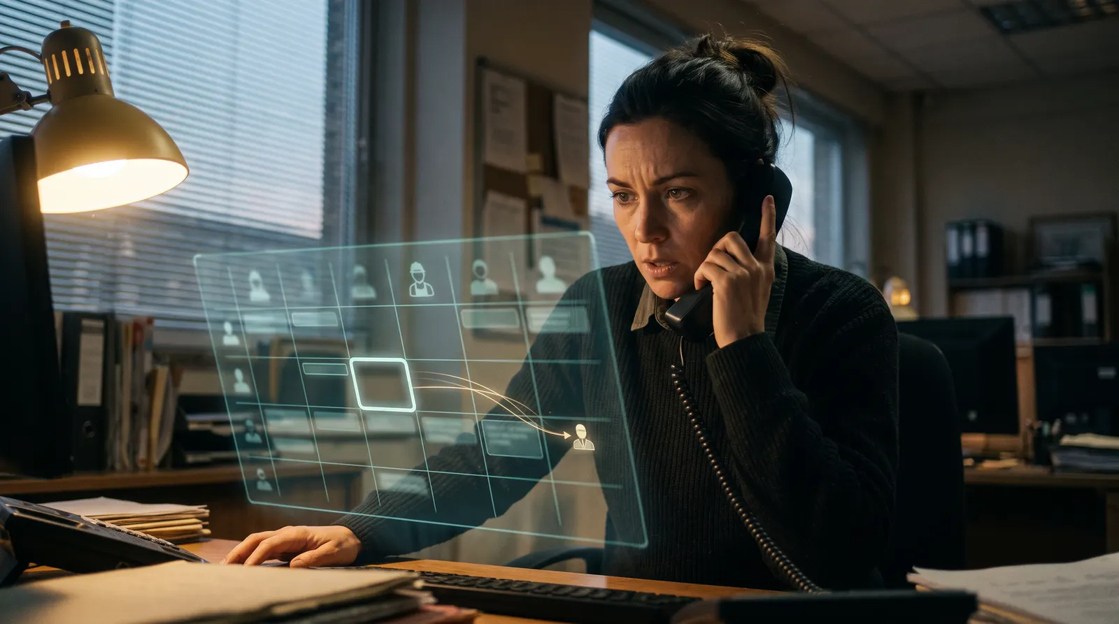 A labour hire allocator in a dim office before sunrise, phone to her ear, working down the roster in the first minutes after a no-show