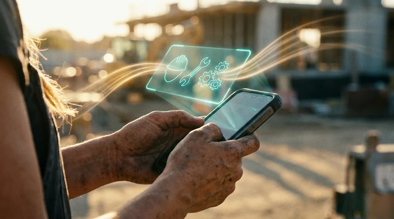 A close mid shot of a weathered female labourer's calloused hands holding a phone showing a translucent teal holographic shift-match card with glowing job