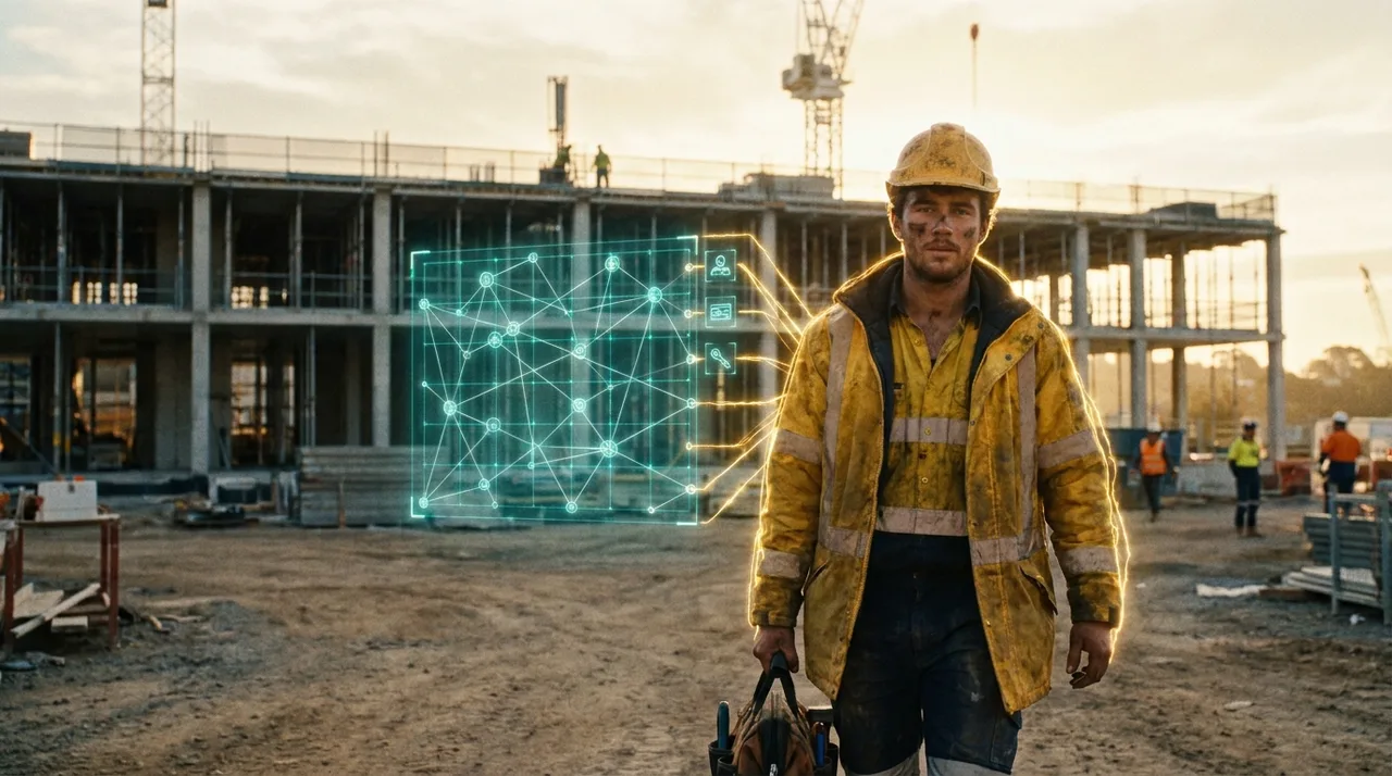 A weathered young tradie in dusty golden-yellow hi-vis walking onto a Sydney site at golden hour, a translucent teal holographic profile grid of glowing