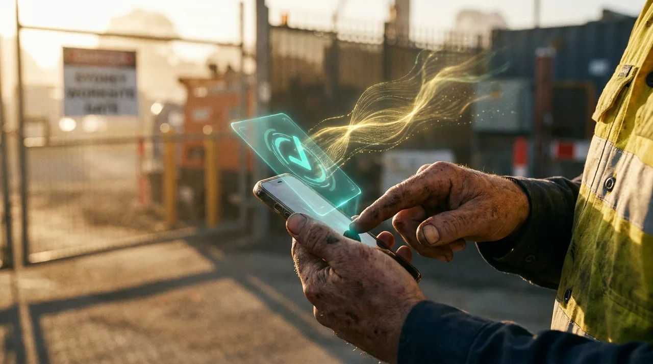 A close mid shot of a weathered male worker's calloused hand tapping a phone to clock in at a Sydney site gate at dawn golden hour, a translucent teal