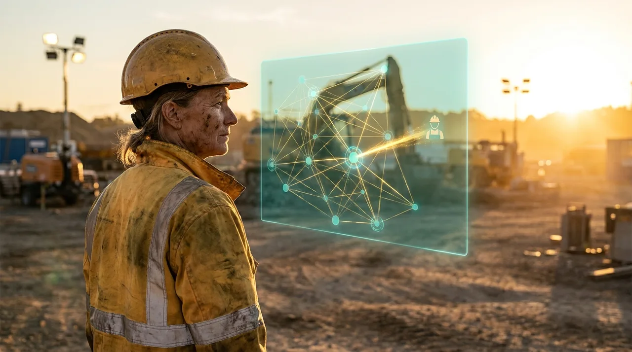 A weathered female allocator in dusty golden-yellow hi-vis at golden hour watching a translucent teal holographic distance-and-reliability map of glowing