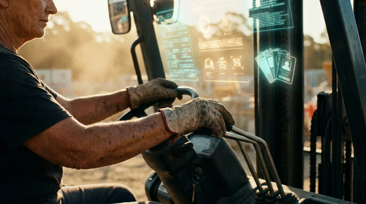 A close mid shot of a weathered female forklift operator's calloused hands on the controls at a Sydney site at golden hour, a translucent teal holographic