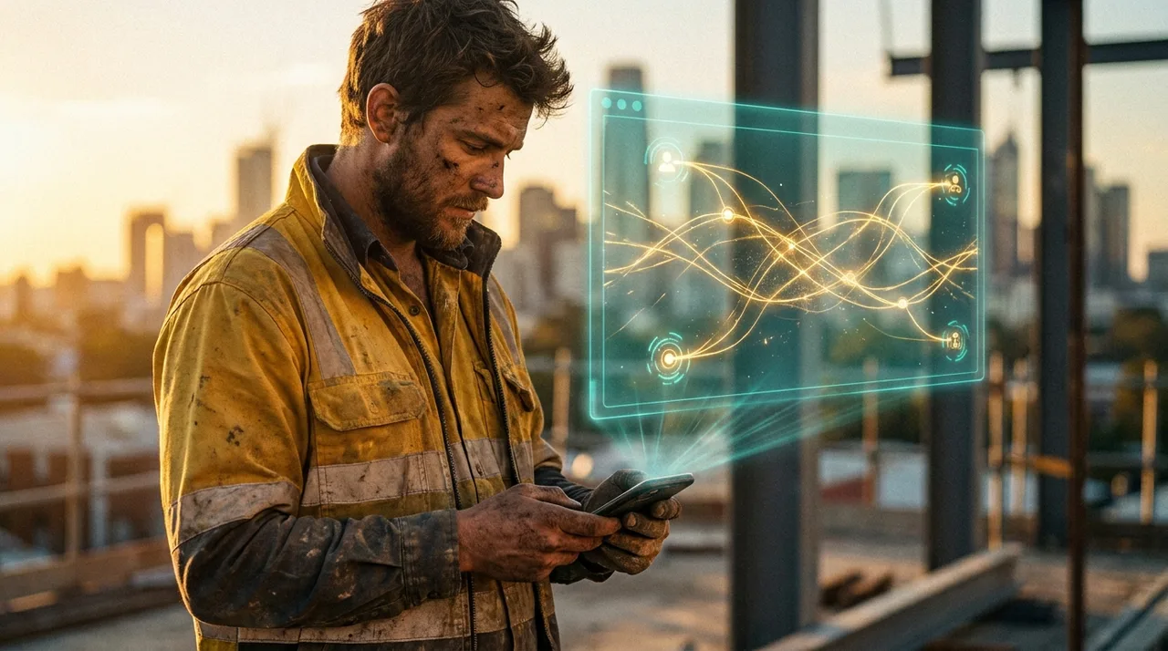 A weathered young male tradie in dusty golden-yellow hi-vis checking his phone near a Sydney site at golden hour, a translucent teal holographic