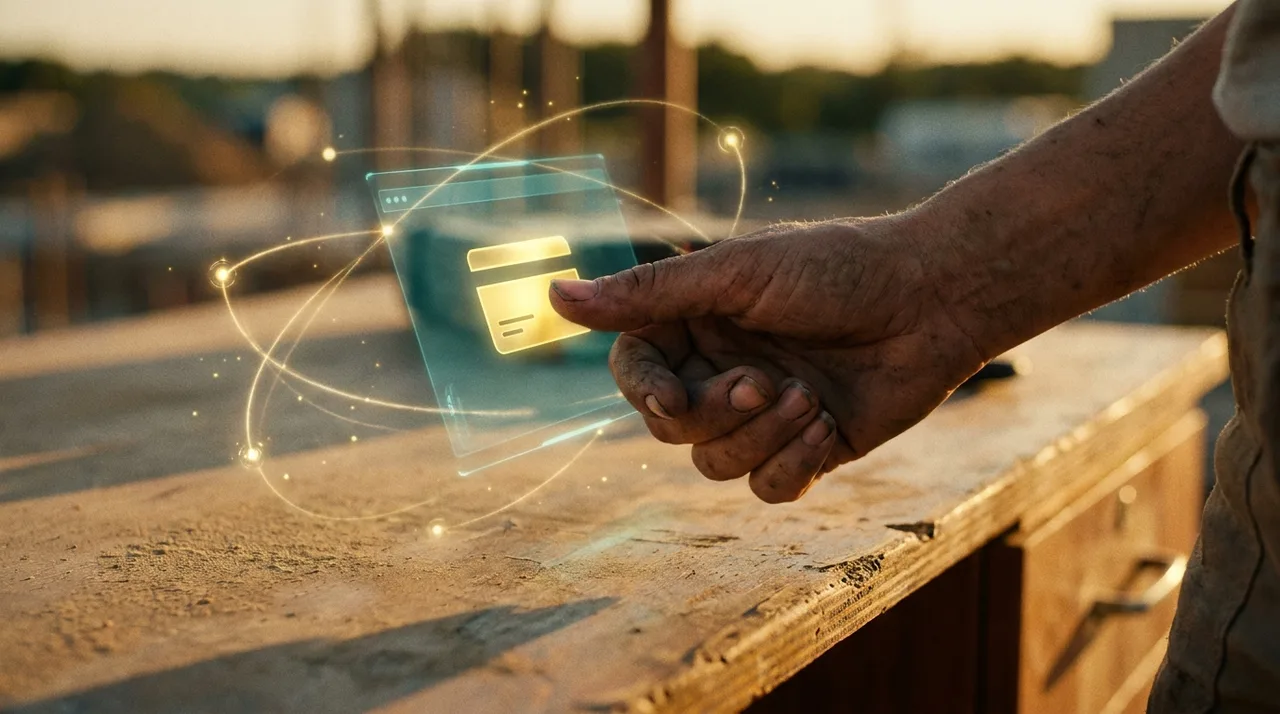 A close mid shot of a weathered female operator's calloused hand approving a glowing action card in a translucent teal holographic shortlist hovering
