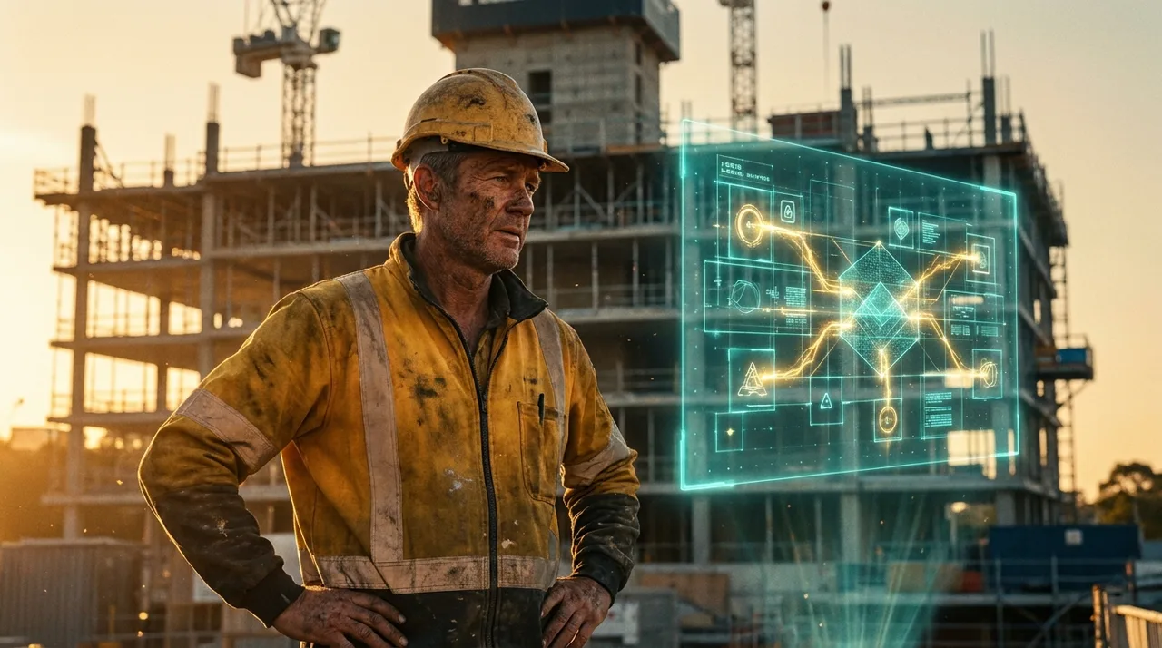 A weathered Sydney site supervisor in dusty golden-yellow hi-vis at golden hour as a translucent teal holographic compliance-and-timesheet grid of glowing