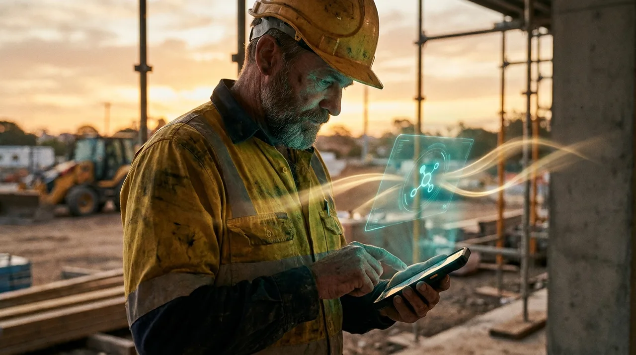 A weathered builder client in dusty golden-yellow hi-vis sending a booking request from his phone late in the day at a Sydney site, a translucent teal
