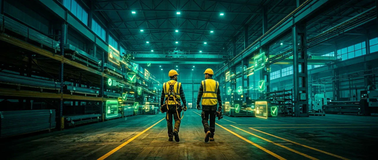 Verified workers entering a Sydney warehouse with AI credential confirmation