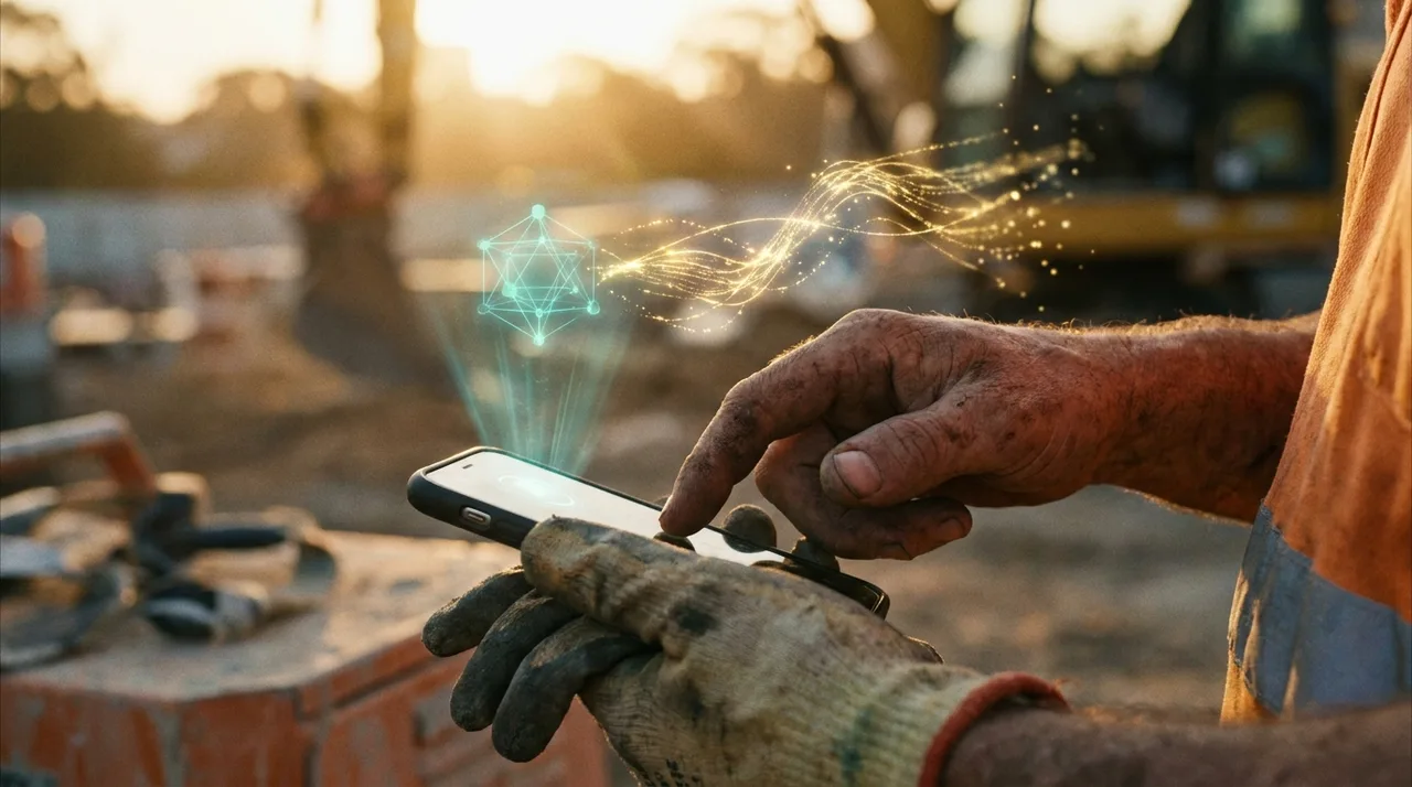 A close mid shot of a weathered worker's calloused hand tapping a phone to clock in at a Sydney site at golden hour, a translucent teal holographic