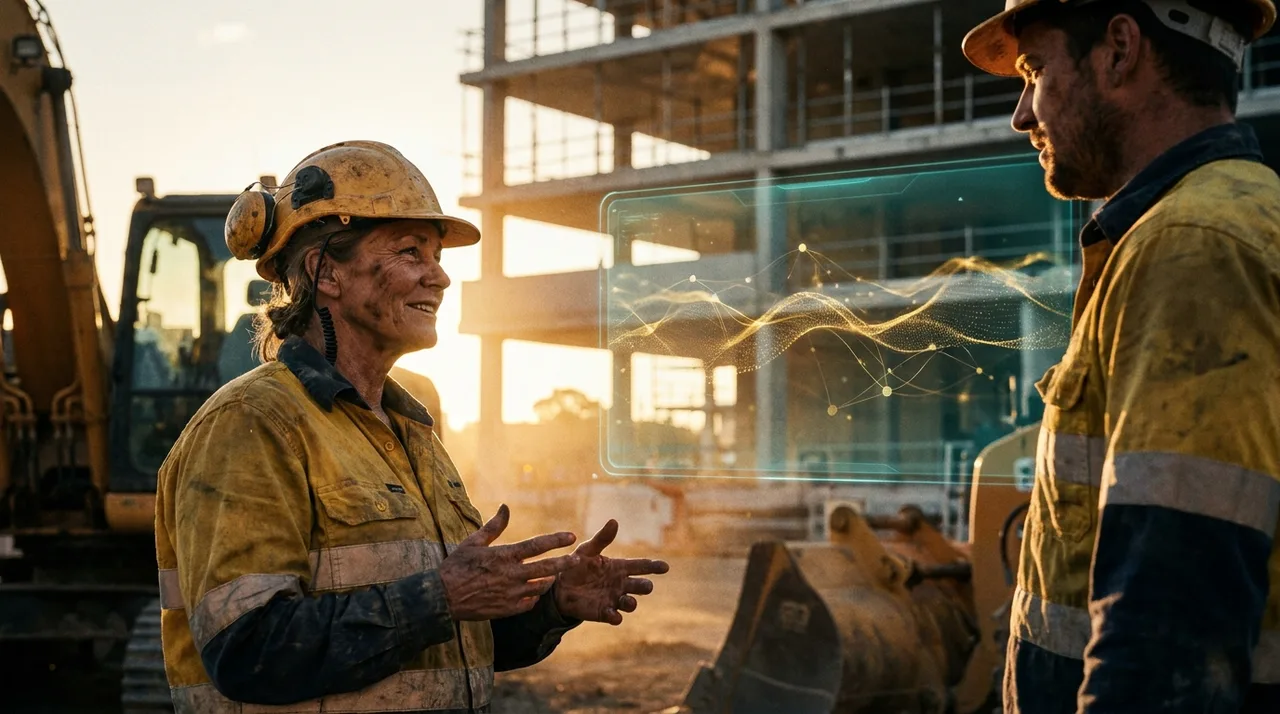 A weathered female allocator in dusty golden-yellow hi-vis at golden hour talking with a worker on a Sydney site, relaxed and present, a translucent teal