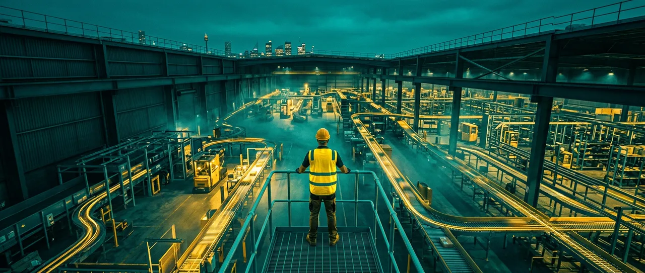 Construction worker overlooking a vast automated warehouse at night with golden conveyor belts and teal industrial lighting