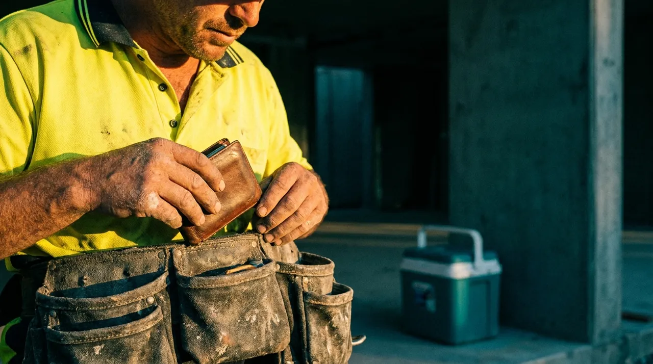 Close-up of a construction worker holding his wages, a reminder that pay, warnings and dismissal sit with the labour hire agency and not the host builder