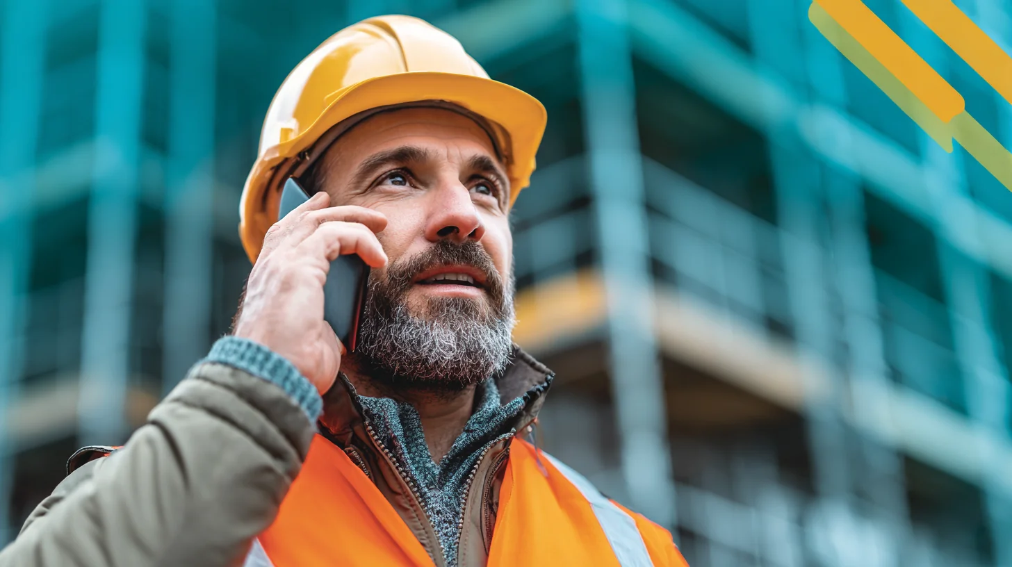A site supervisor in hi-vis and hard hat on the phone to the labour hire agency after a crew check-in, medium shot, Sydney construction site