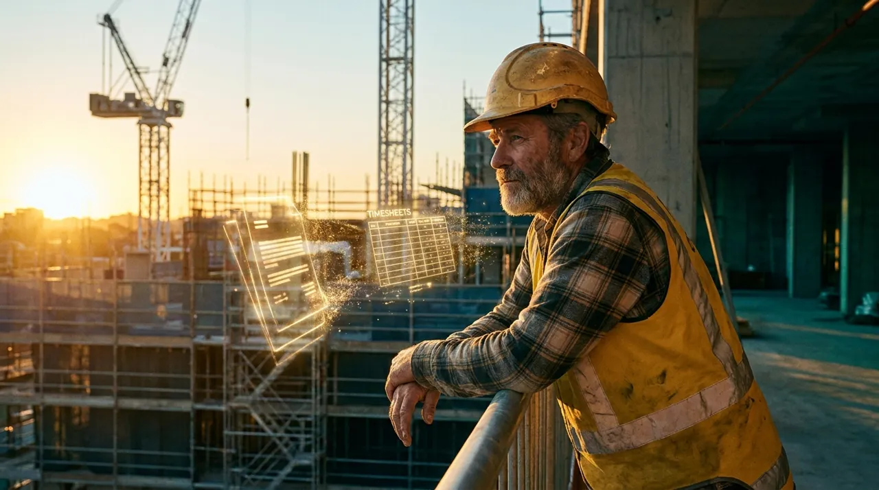 A calm Sydney site manager in golden-yellow hi-vis standing away from the crew, ready to give a worker straight feedback about the work in front of them