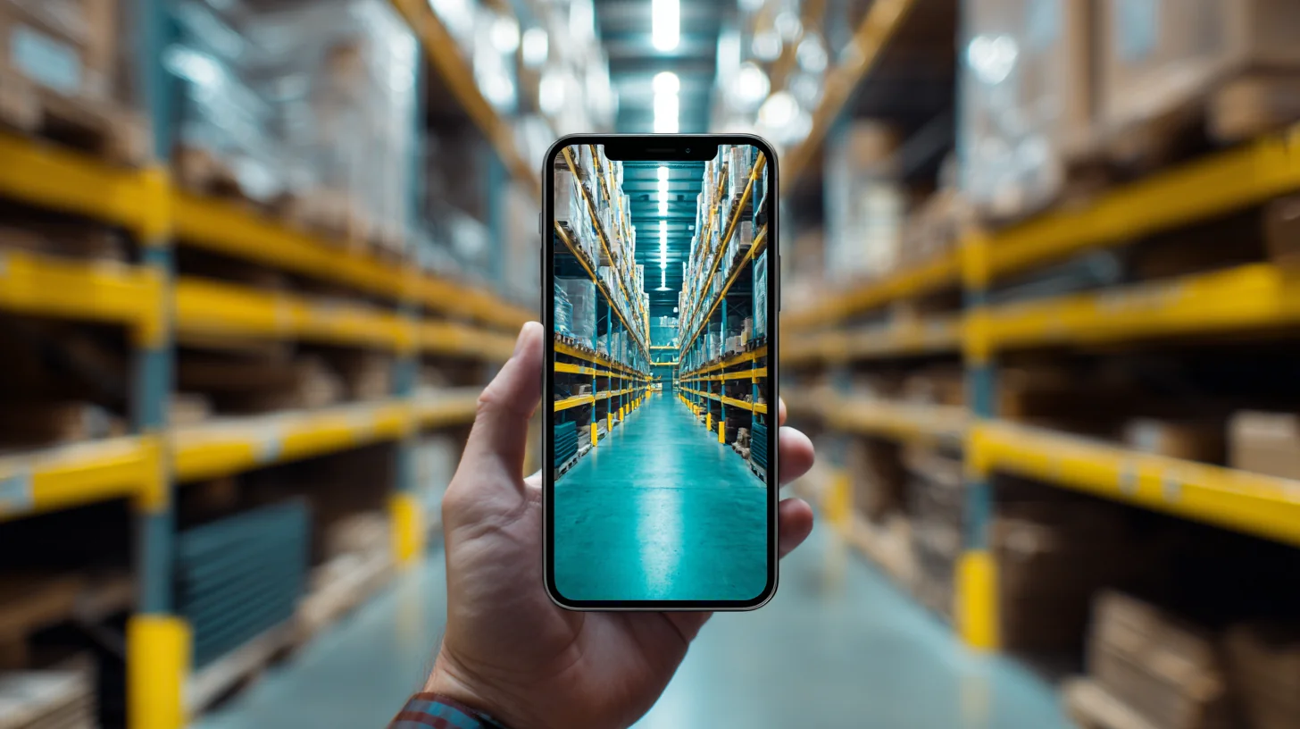 A warehouse picker checking a task list on his phone mid-shift in a close-up, the kind of scheduled check-back that replaces a supervisor hovering
