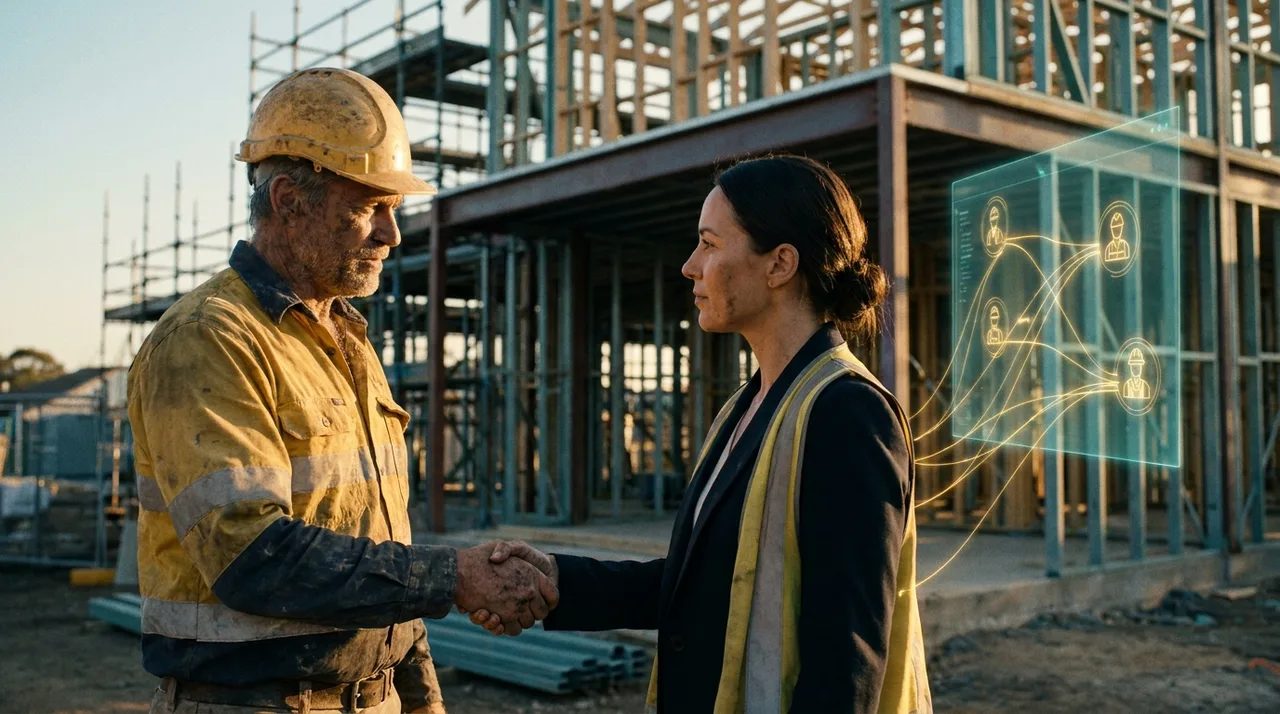 A handshake between a weathered Sydney site foreman in dusty golden-yellow hi-vis and an agency allocator on a construction site at golden hour, a faint