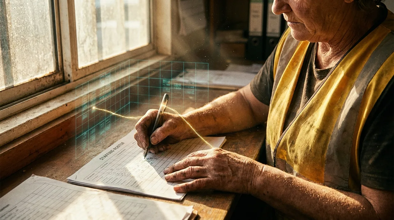 A close mid shot of an older weathered female Sydney allocator's hands marking a staffing roster at a site office desk, dust on her dusty golden-yellow