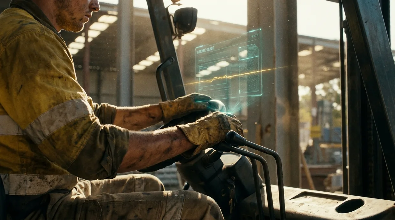 A close mid shot of a young weathered Sydney worker's grimy hands at the controls of a forklift in a construction yard, dust on his dusty golden-yellow