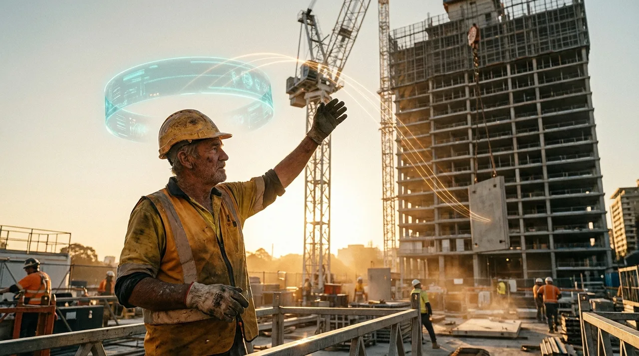 An older weathered Sydney dogman in dusty golden-yellow hi-vis directing a crane lift on a busy site at golden hour, arm raised, a faint translucent teal
