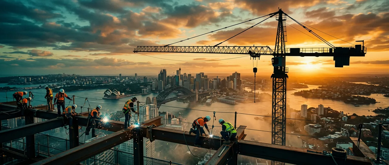 Construction workers on steel beams above Sydney at golden hour — dramatic cinematic lighting