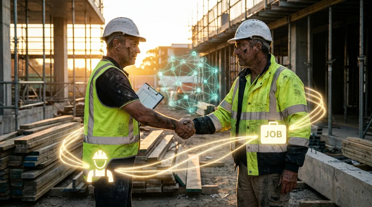 A Sydney allocator and a foreman shaking hands on a construction site at golden hour while a prominent translucent teal holographic agent-network of