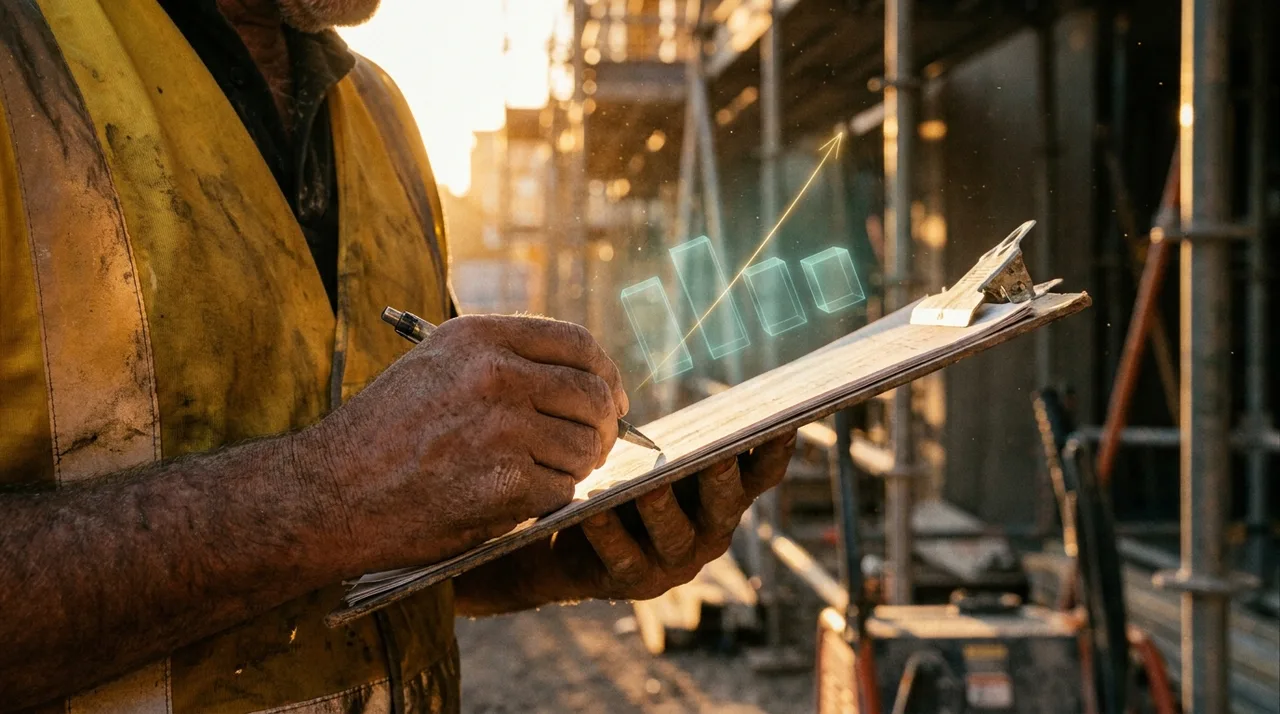 A close mid shot of a Sydney site foreman's calloused hands holding a clipboard against his dusty golden-yellow hi-vis at golden hour, a faint translucent
