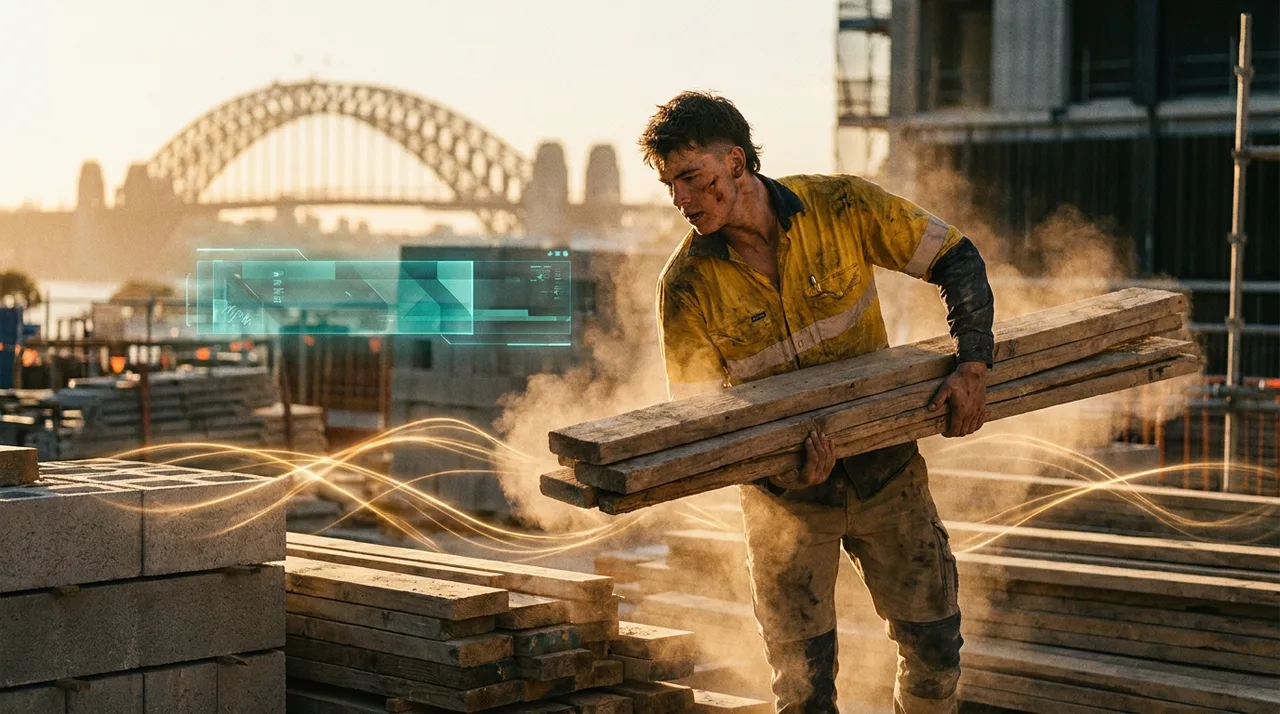 A young male tradie in dusty golden-yellow hi-vis carrying timber across a Sydney site at golden hour while a faint translucent teal holographic