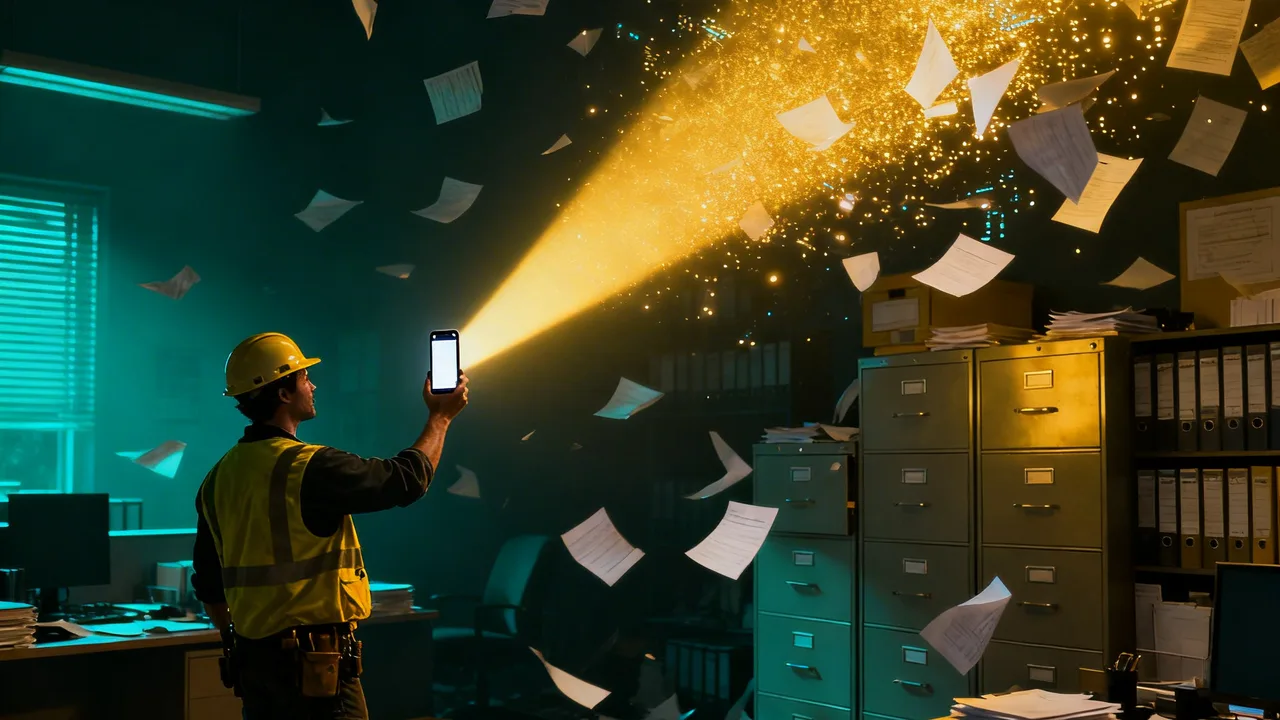 Construction worker's phone cutting through paper chaos with a beam of clean digital light