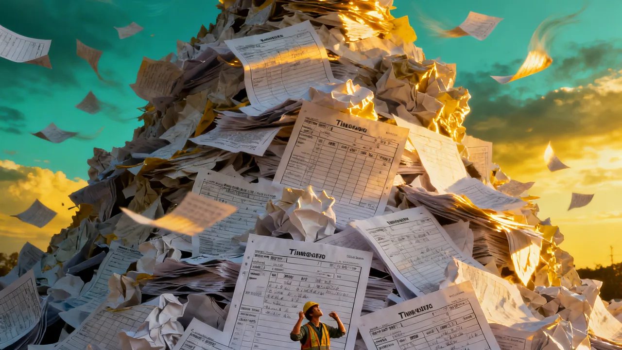 Mountain of paper timesheets towering over a frustrated construction worker — the bureaucratic chaos of opaque labour hire