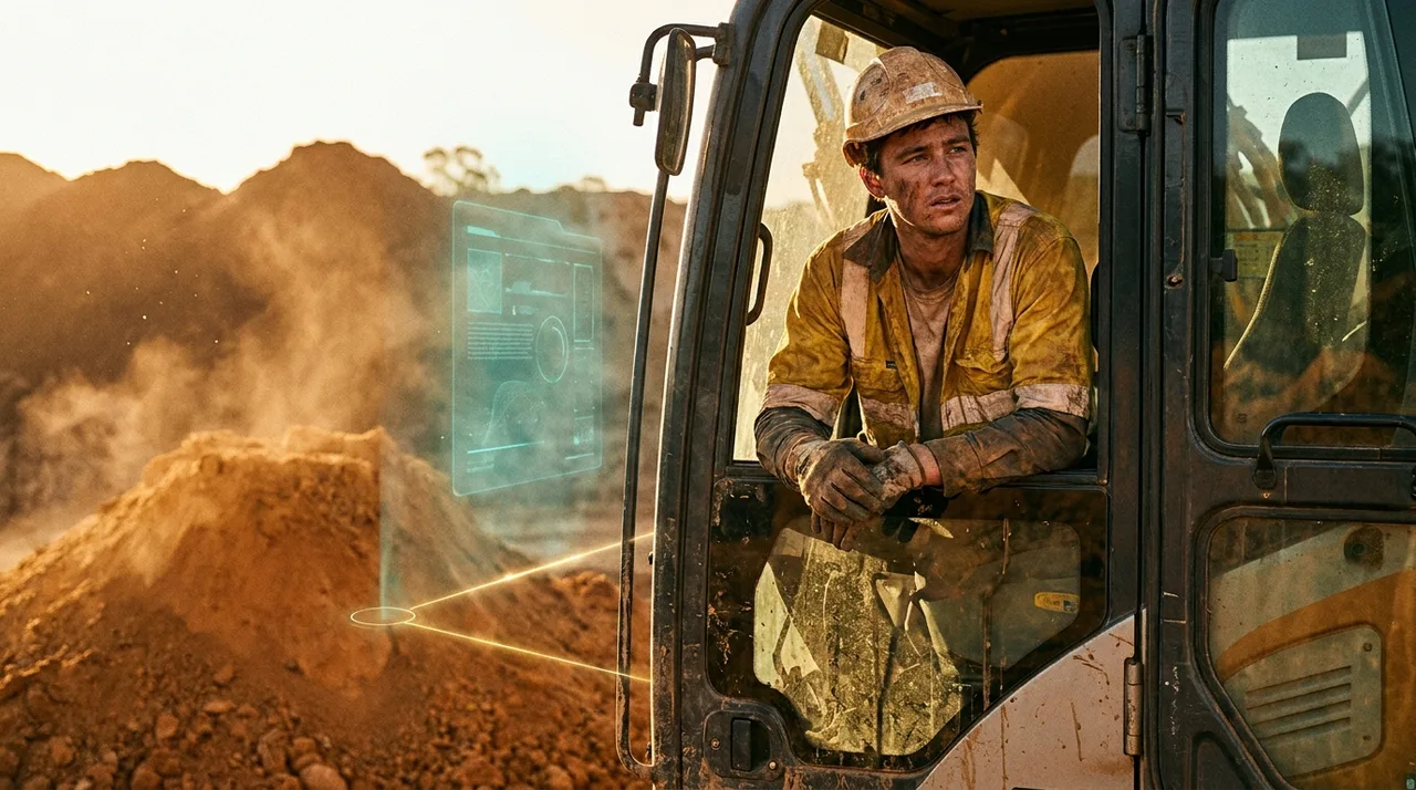 A close mid shot of a young male excavator operator in dusty golden-yellow hi-vis leaning from a machine cab on a Penrith earthworks site at golden hour