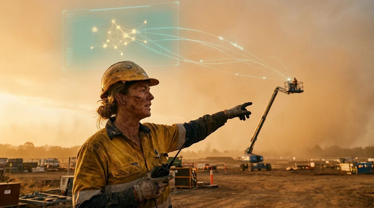 A weathered female rigger in dusty golden-yellow hi-vis and a hard hat directing a crane lift on a large Western Sydney civil site at golden hour, a faint