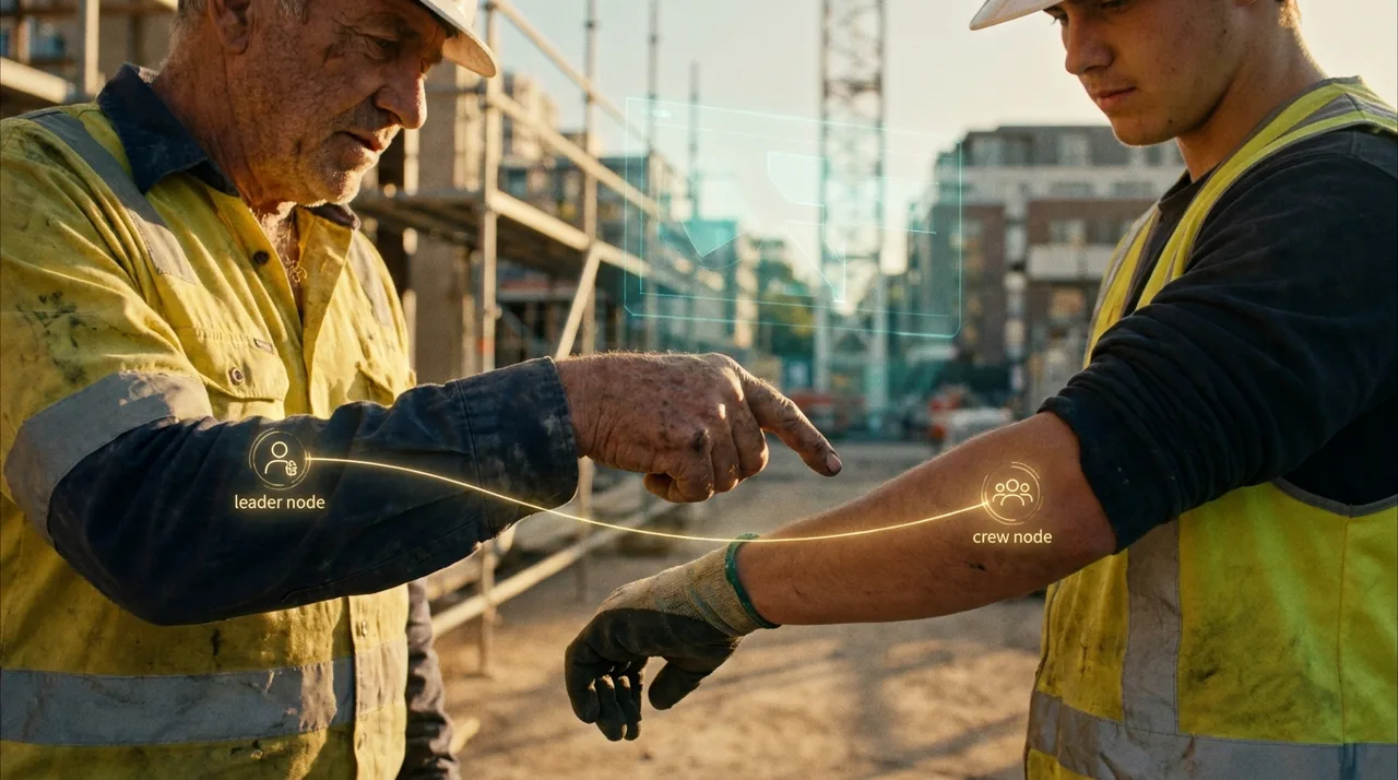 A close mid shot of a male labourer's weathered hands pointing out the next task to a younger worker on a Sydney site at golden hour, a faint translucent