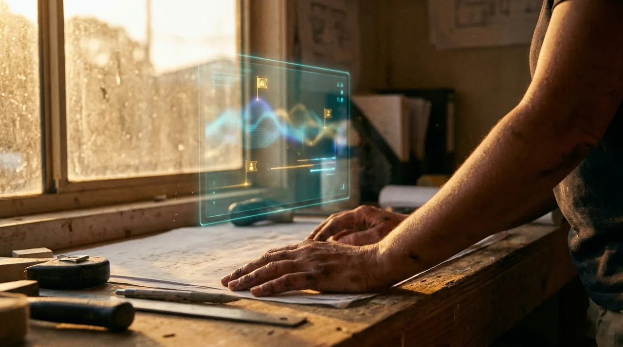 A close mid shot of a female coordinator's calloused hands resting on a desk in a dusty Sydney site office at golden hour as a prominent translucent teal