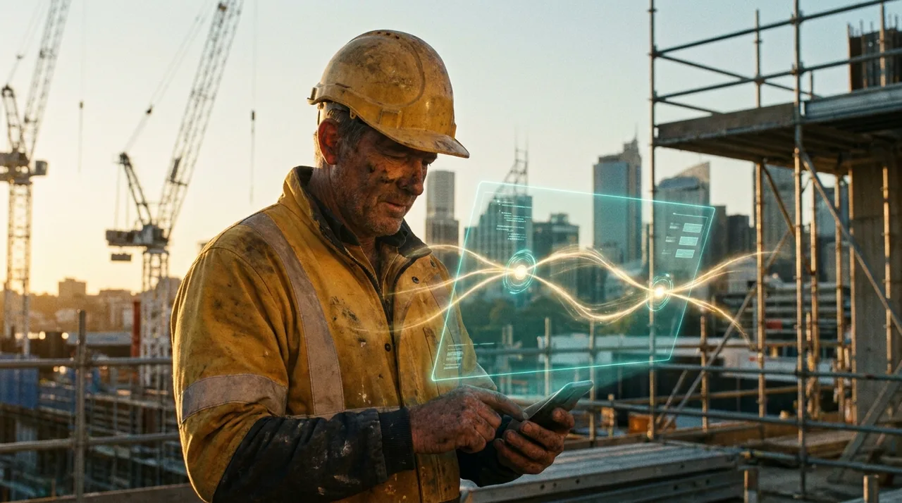 A weathered male foreman in dusty golden-yellow hi-vis on a Sydney site at golden hour glancing at a phone as a prominent translucent teal holographic