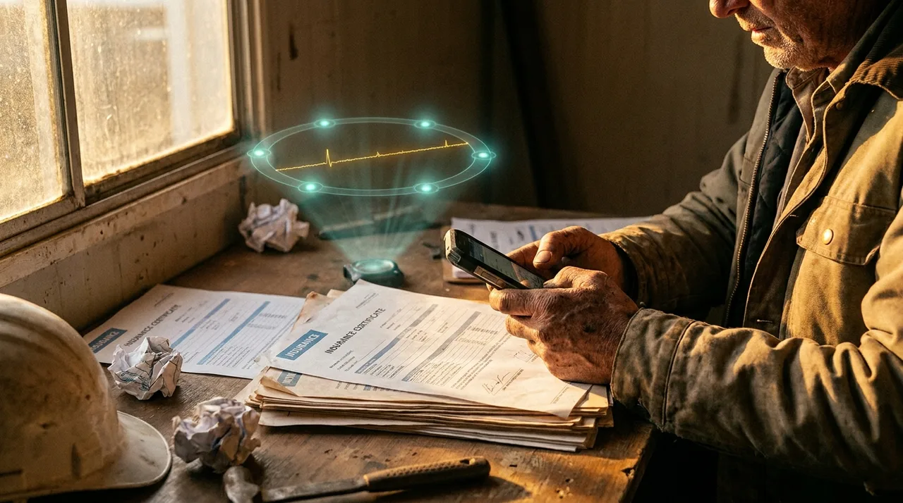 A close mid shot of a weathered older foreman's calloused hands holding a phone beside a stack of insurance certificates on a dusty site desk at golden