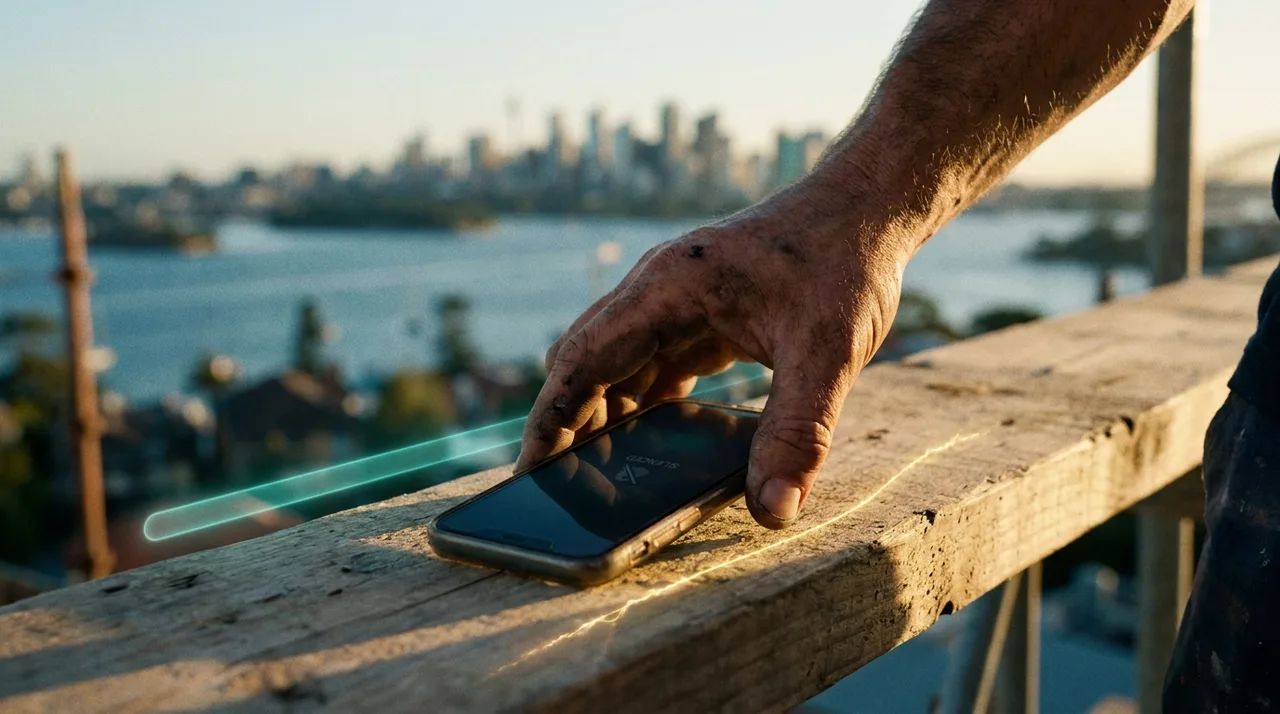 A close mid shot of a weathered male worker's hand setting down a phone showing a quiet silenced screen at the end of a Sydney shift at golden hour, warm