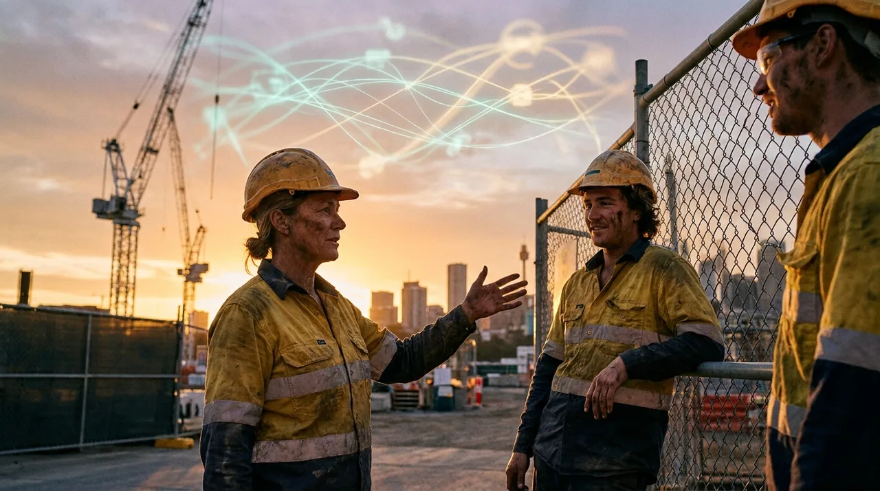 A weathered female crew leader in dusty golden-yellow hi-vis briefing two workers at the gate as a Sydney shift wraps at golden hour, relaxed handover
