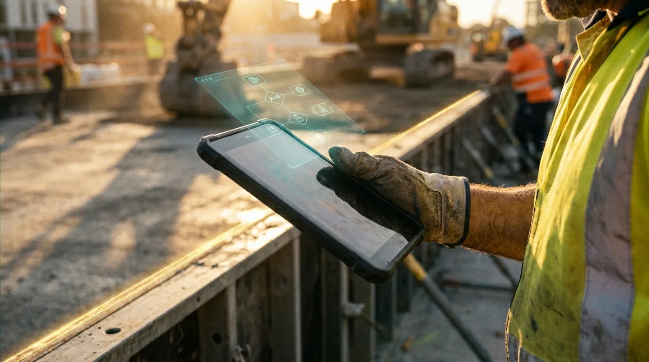 A close mid shot of a weathered Sydney foreman's calloused hand holding a tablet on a formwork deck, a faint translucent teal holographic