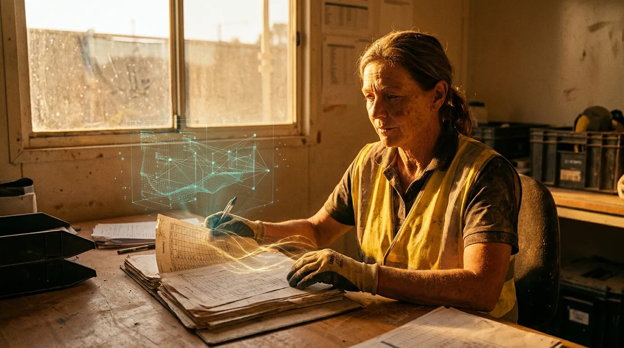 A female Sydney site administrator in dusty golden-yellow hi-vis cross-checking a stack of timesheets at a site office desk at golden hour, a faint