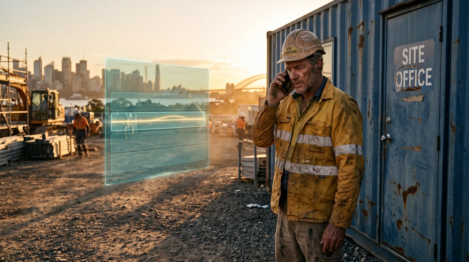 A Sydney site supervisor beside a shipping container office at the end of the day, phone to his ear, giving his read on how a worker went