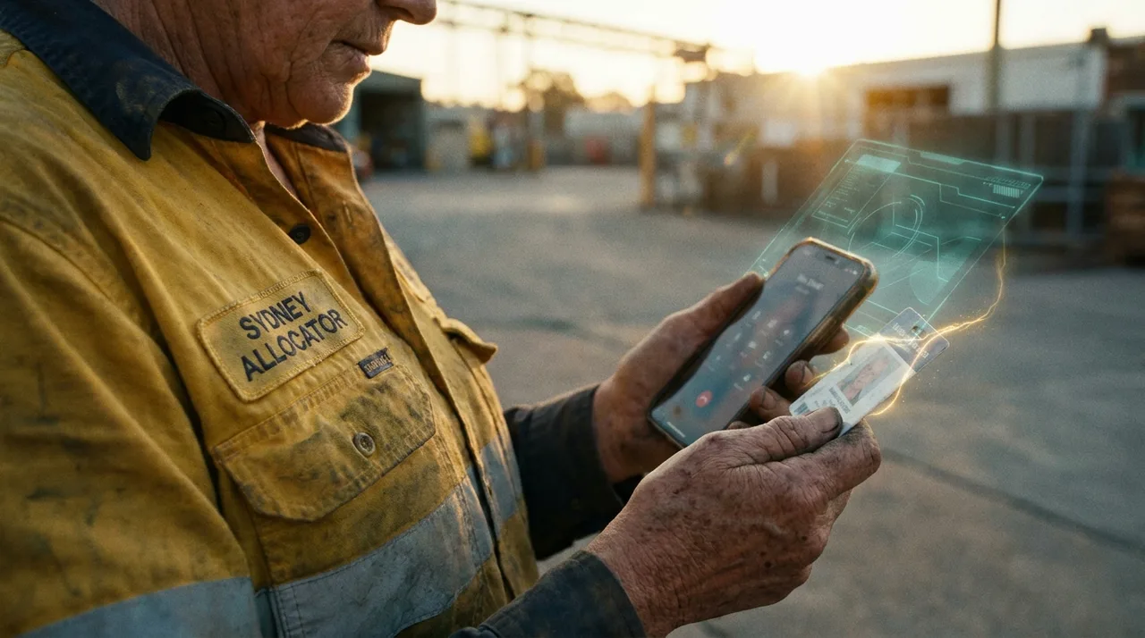 A close mid shot of a weathered female Sydney allocator's hands holding a worker's licence card and a phone to make a reference call at golden hour, grime