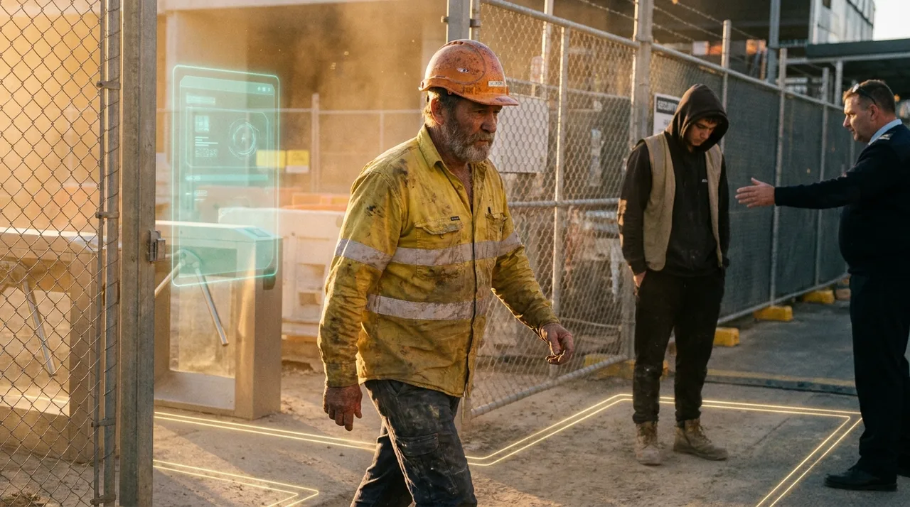 A vetted weathered Sydney worker in clean dusty golden-yellow hi-vis and a scuffed hard hat arriving confidently at a busy site gate at golden hour while